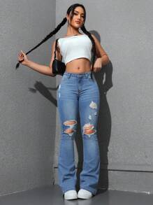 SHEIN EZwear Women's Solid Color Simple Daily Wear Distressed Flared Jeans