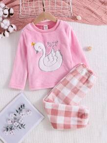 Bộ đồ ngủ vải nỉ cho bé gái, có thiết kế hình thiên nga thêu, áo sơ mi dài tay và quần, ấm áp và thoải mái - Màu Hồng Tươi - Xem 1