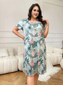 Plus Size Women's Tropical Plant Printed Round Neck Short Sleeve Pajama T-Shirt Dress