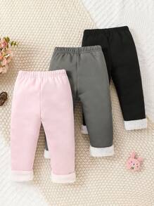 3pcs Baby Girls' Cute Rabbit Embroidery Plush Inner Long Pants Set, Autumn/Winter - Multicolor - View 2