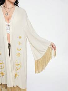 ROMWE Hippie Camiseta de manga larga para mujer con estampado de girasol y decoración de flecos