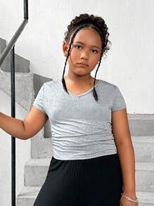 SHEIN 青少年女孩加大码休闲纯色圆领套头 T 恤，带侧褶饰，多件 - 彩色 - 查看 8