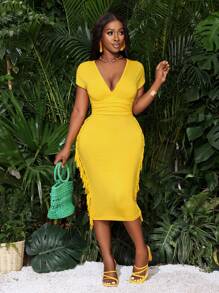 Slaydiva Vestido evasé con mangas cortas, escote en V profundo y flecos laterales de unicolor para mujer, amarillo, largo midi, para fiestas de verano y elegancia - Amarillo - Ver 7