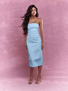 MISSGUIDED Tailored Back Zip Closure Bandeau Midi Dress - Baby Blue - View 1