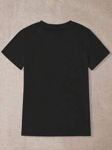 SHEIN EZwear Cute Fat Cat Printed Round Neck Women's T-Shirt - Black - View 2