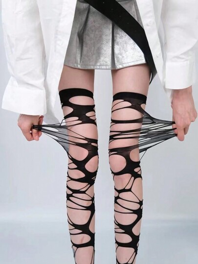 Goth 1pair Black Asymmetrical Ripped Over Knee Socks, High Elasticity For Ladies