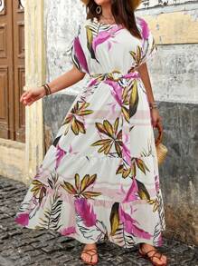 SHEIN Clasi 大码女式印花休闲短袖连衣裙长款女装 - 紫色 - 查看 5