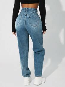 SHEIN PETITE High Waist Mom Fit Jeans - Blue - View 2