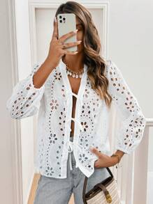 SHEIN Frenchy Damen Einfarbig ausgebranntes Schnürhemd für den täglichen Lässig-Stil Herbst Damenbekleidung Schulanfang Kleidung Old Money Stil Lehrer Outfits