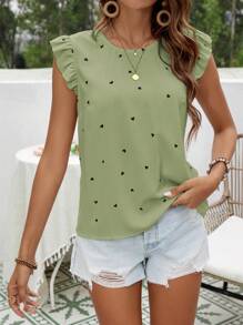 SHEIN VCAY Women's Heart Print Back-Tie Shirt, Casual And Simple For Daily Wear