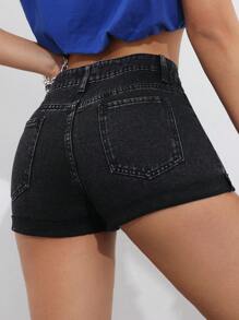 SHEIN EZwear 女性夏季休閒牛仔短褲，口袋設計 - 黑色 - 查看 2