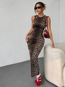 SHEIN EZwear New Lady Leopard Print Sleeveless Round Neck Dress - Black - View 3