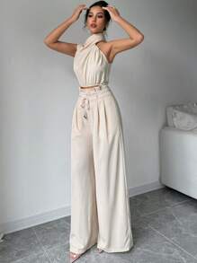 Firerie Conjunto de dos piezas para mujer con top de cuello apilado elegante color albaricoque y pantalones de pierna ancha, ropa de maestra, pantalones ligeros y cómodos, conjunto de dos piezas con top sin mangas asimétrico, adecuado para primavera, verano y otoño, conjunto de dos piezas con pantalones holgados, conjunto de dos piezas de diseñador, atuendo para mujeres para conciertos, vestido de noche elegante, adecuado para uso diario, fiestas, temporada de graduación, temporada de bodas, disfraces para actuaciones - Caqui - Ver 7