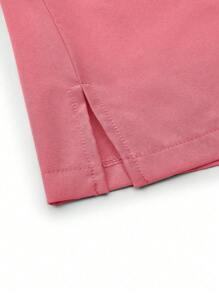 SHEIN TaskFit Plus Size Solid Color V-Neck Pocket Short Sleeve Top And Elastic Waist Long Pants  Uniform Set, Plus Size Uniforms & Scrubs - Pink - View 8