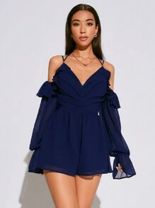 SHEIN SXY Bộ đồ liền thân màu trơn có viền bèo nhún cho kỳ nghỉ hè trên bãi biển dành cho nữ có dây đeo mảnh và tay áo phồng - Xanh đậm - Xem 6