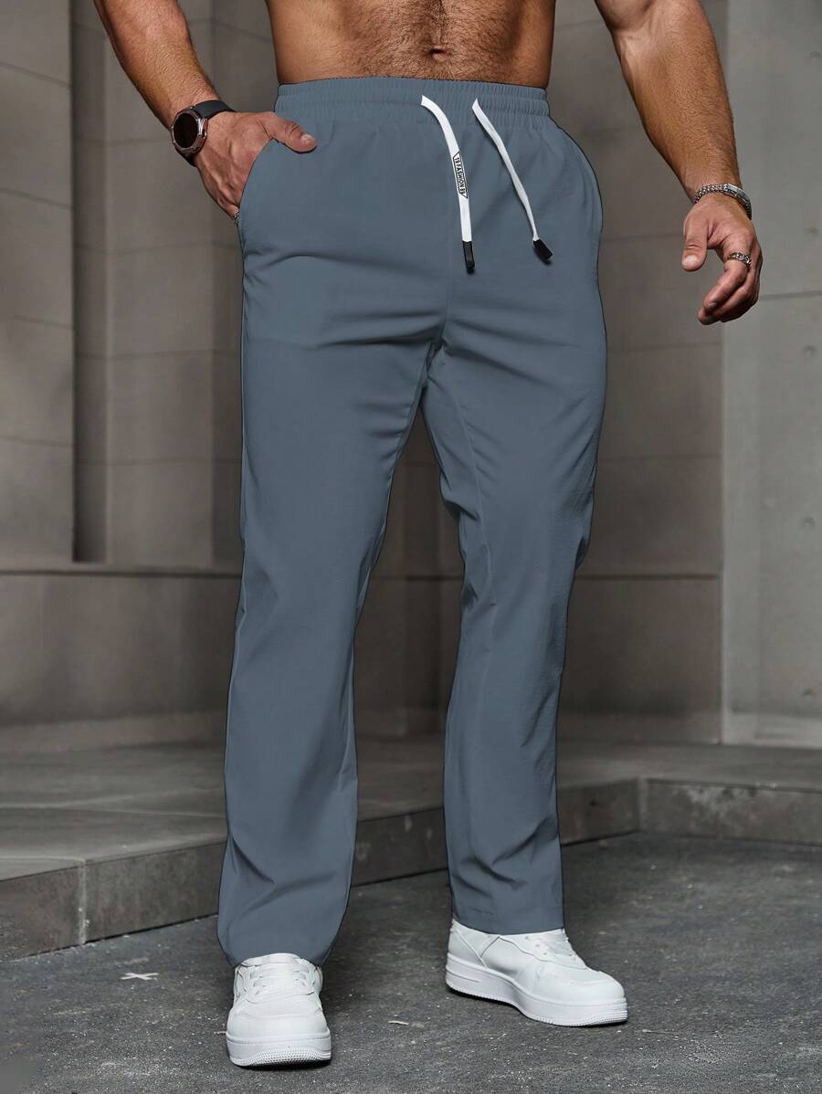 Manfinity Roughcore Men's Simple Solid Color Casual Daily Trousers, Men's Drawstring Pants, Men's Straight Leg Sweatpants, Men Grey Straight Leg Sweatpants, Men Sweatpants, For Fall - Baby Blue - View 1