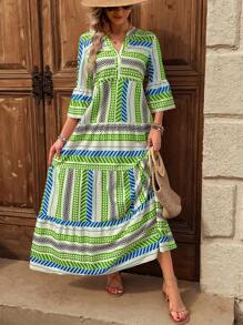 Breezaya Vestido estampado de manga 3/4 con escote en V para mujer