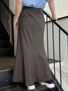 FRIFUL 女士纯色不对称鱼尾长款休闲裙，荷叶边