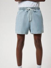 Forever 21 Men's Fashionable Elastic Waist Washed Denim Shorts In Blue-Purple - Light Wash - View 4