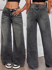 SHEIN Tall Slant Pocket Wide Leg Jeans - Black - View 1