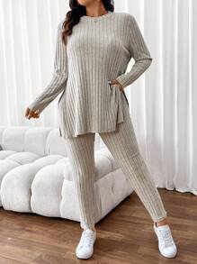 SHEIN Frenchy Plus Size Women Rib Knit Top & Pants, 2pcs - Khaki - View 3