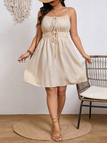 SHEIN Frenchy Plus Size Country Solid Color Spaghetti Strap Tie Waist Pleated Midi Dress, Khaki Casual Vacation - Apricot - View 5