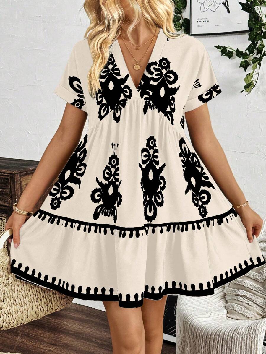 SHEIN LUNE V-Neck All-Over Print Short Sleeve Summer Dress - Apricot - View 1