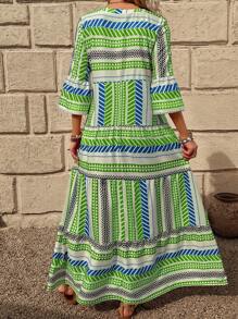 Breezaya Vestido estampado de manga 3/4 con escote en V para mujer