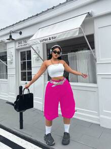 POPSWAY Plus Size Work Shorts With Covered Pockets And Drawstring Hem - Hot Pink - View 3