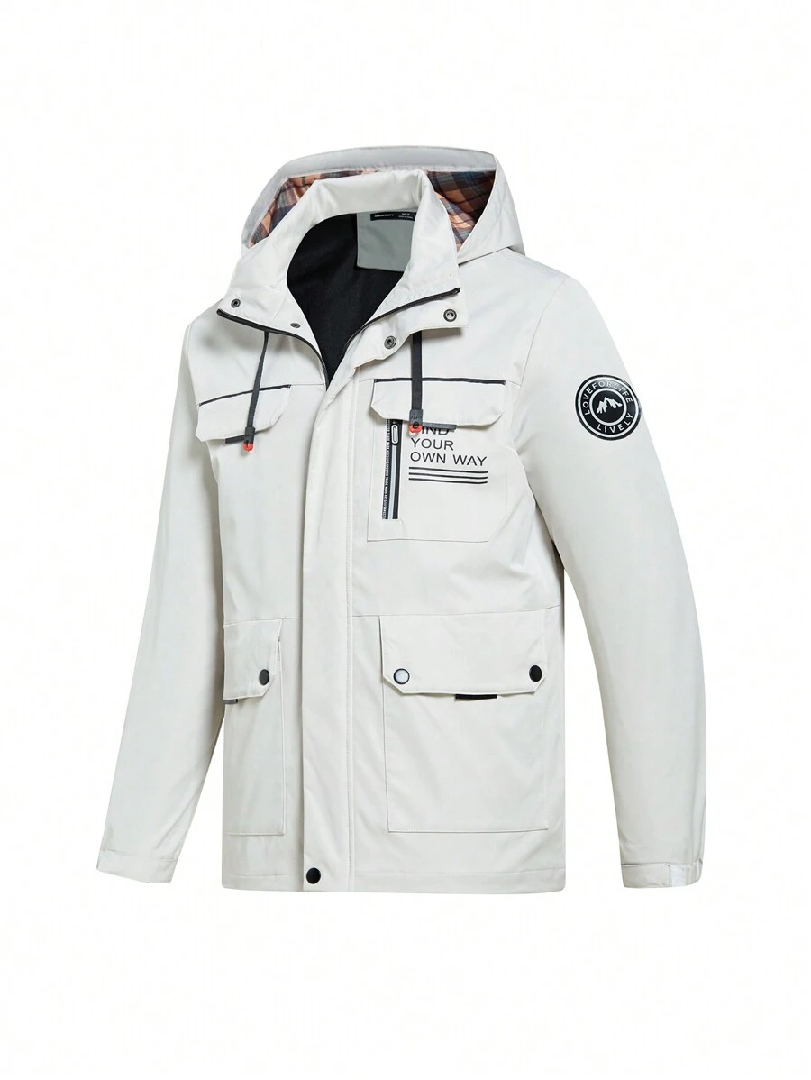 Manfinity Homme Men's Simple Printed Hooded Outdoor Exploration Jacket - Beige - View 1