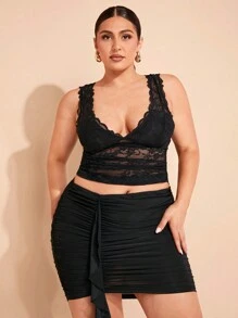 SHEIN BAE 夏季大码女式甜美性感蕾丝拼接吊带背心上衣 - 黑色 - 查看 2