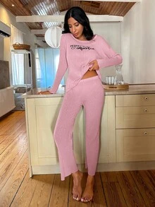 RueChic Letter Graphic Rib-knit Lounge Set