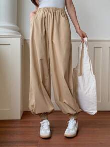 EastFlair Pantalones holgados con bolsillo ranurado sólido tejido para mujer con puños ajustados - Blanco y Negro - Ver 4