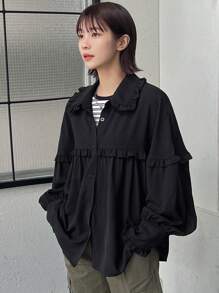 FRIFUL Women's Solid Color Front Buttoned Loose Fit Shirt With Flounced Hem, Perfect For Daily Casual Wear,Ruffle Long Sleeve Top - Black - View 4