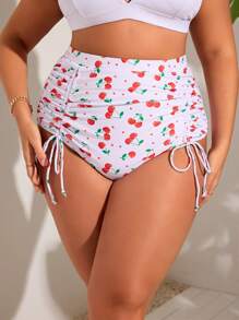 SHEIN Swim Curve Plus Size Cherry Print Ruffled Tie Waist Fashionable Swimwear Bottom Summer - White - View 5