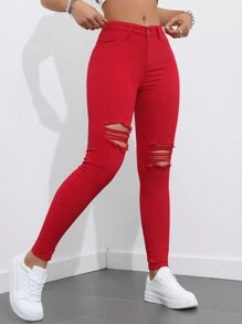 SHEIN ICON Women's Ripped Edges Skinny Jeans With Frayed Hem Skinny Cropped Red Cotton Curvy Skinny Women Jeans,Spring/Fall,Casual Daily Wear Y2k - Red - View 4