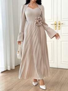 Modelyn 女士纯色简约日常穿着朴素连衣裙，带 3D 花朵装饰，派对优雅晚装长袖超长连衣裙长款晚礼服 - 米色 - 查看 6