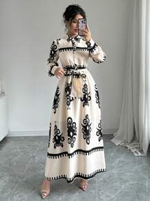 Elenzga Robe-chemise imprimée à manches longues, col rabattu, style tendance pour navetteur, motif spécifié, tenue maxi pour femmes