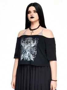 ROMWE Goth Camiseta diaria simple impresa de hombros abiertos para mujeres de talla grande - Negro - Ver 4