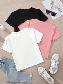 SHEIN EZwear 3pcs Casual Simple English Pattern Round Neck Short Sleeve Slim Cropped Women's T-Shirt Set Back To School - Multicolor - View 2