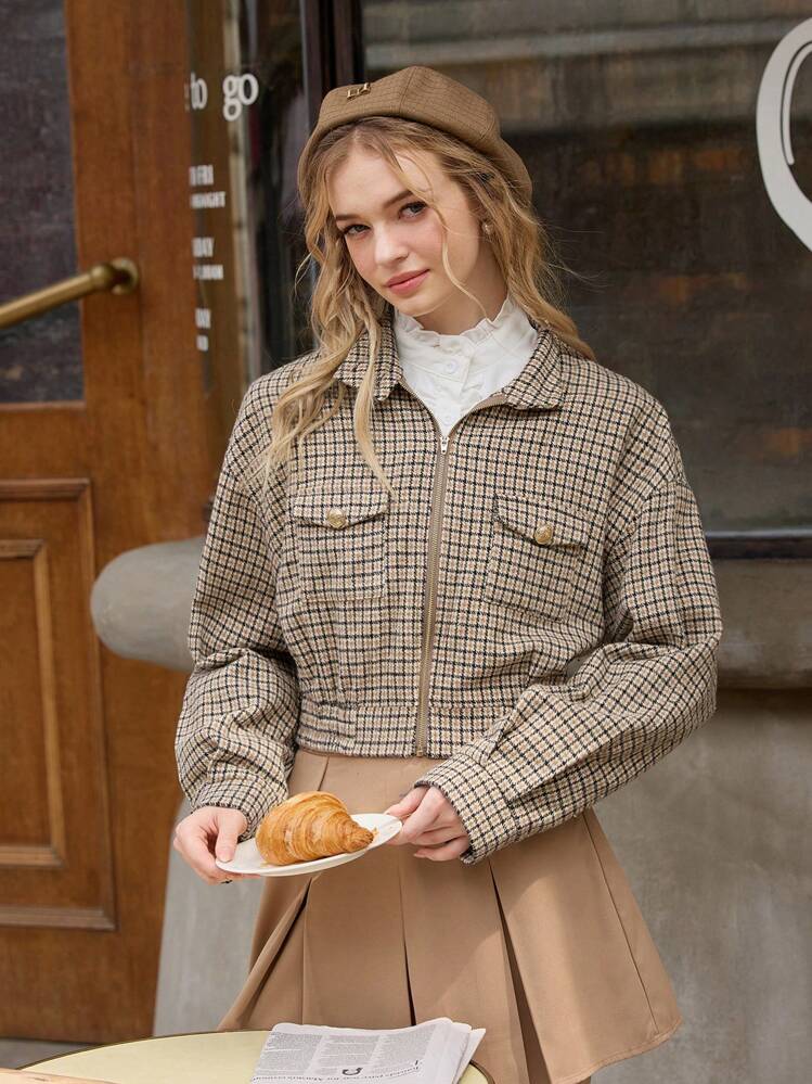 SHEIN MOD Abrigo corto de mujer vintage a cuadros, abrigo de invierno, ropa de vuelta al colegio, abrigo color caqui - Caqui - Añade 6