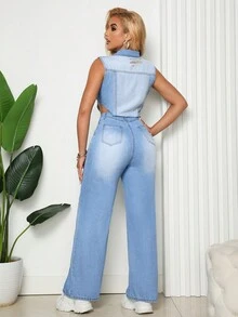 SHEIN SXY Cut Out Waist Denim Jumpsuit For Summer - Light Wash - View 3