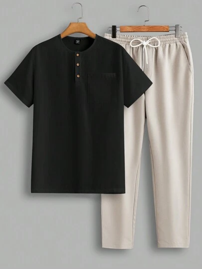 Manfinity BRENVOR 春夏新款男士针织短袖T恤和修身休闲裤套装，舒适服装