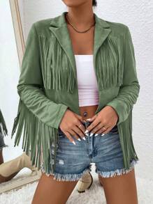 Chiquease 女士實色流蘇休閒日常長袖外套 - 綠色 - 查看 1