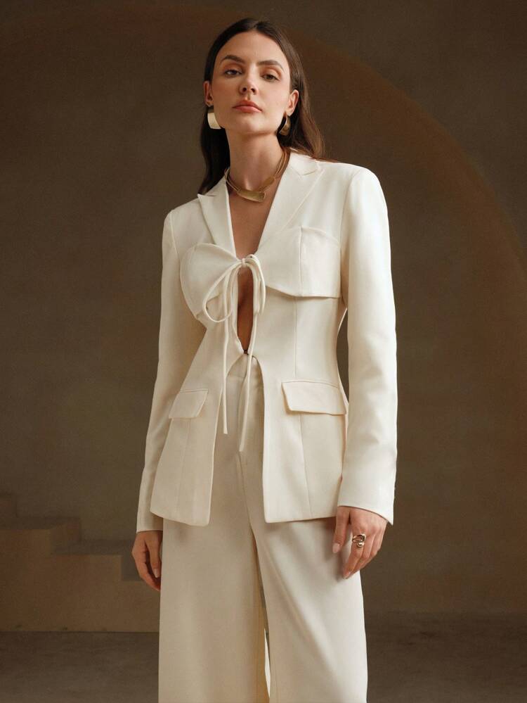 Single-Breasted Hollow Out Design Solid Color Blazer With Tie Front