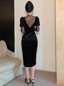 DAZY 天鹅绒派对礼服、返校季礼服、正式礼服、性感高开衩长袖蕾丝拼接中长连衣裙（女士）、秋冬舞会礼服 - 黑色 - 查看 5
