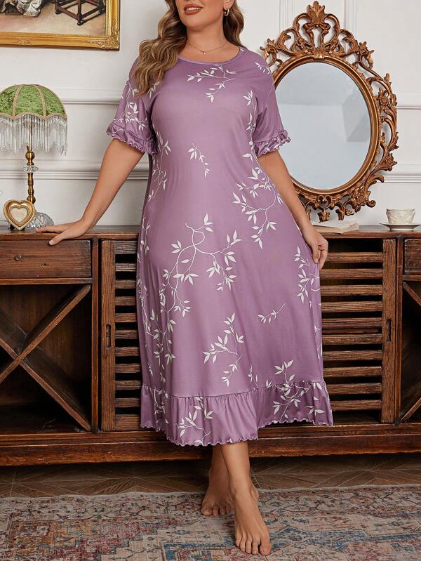 Vestido de dormir de cuello redondo, mangas cortas, con volantes en el bajo y estampado botánico, talla grande, vestido largo
