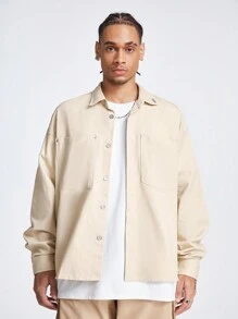 Manfinity NXTstreet Men's Loose Long Sleeve Shacket Work Plain Fashion Shacket For Friends, For Fall Winter - Khaki - View 5