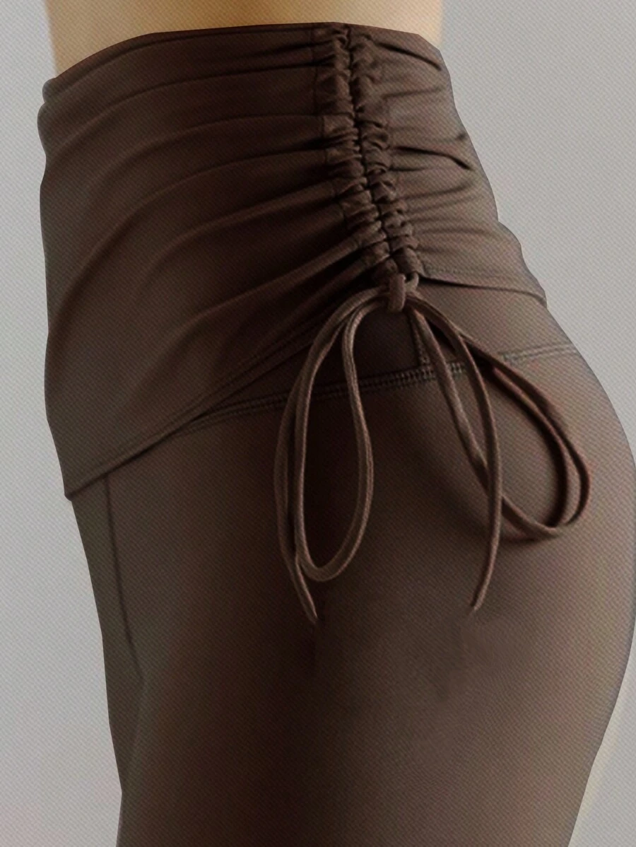 Mulvari Ladies' Knitted Drawstring Long Yoga Leggings, Daily Workout Style - Chocolate Brown - View 1