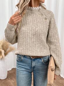 SHEIN Frenchy Women's  Fall Winter Warm Long Sleeve Lace Collar Buttoned Patchwork Sweater, Autumn/Winter Brown Casual